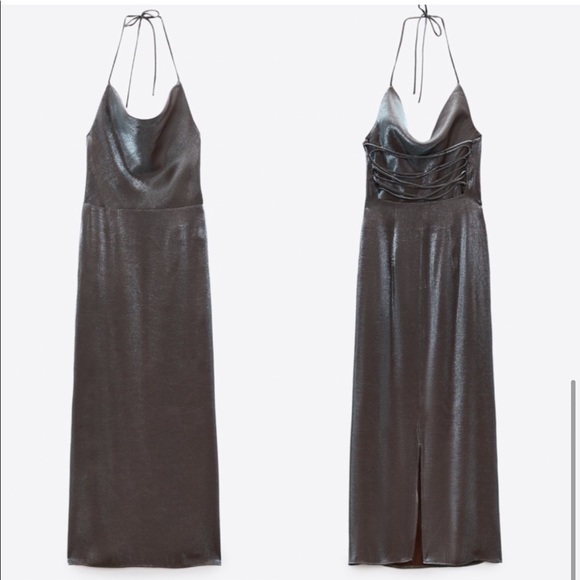 ZARA Silver Metallic Back Laced Slip Dress - Picture 9 of 15